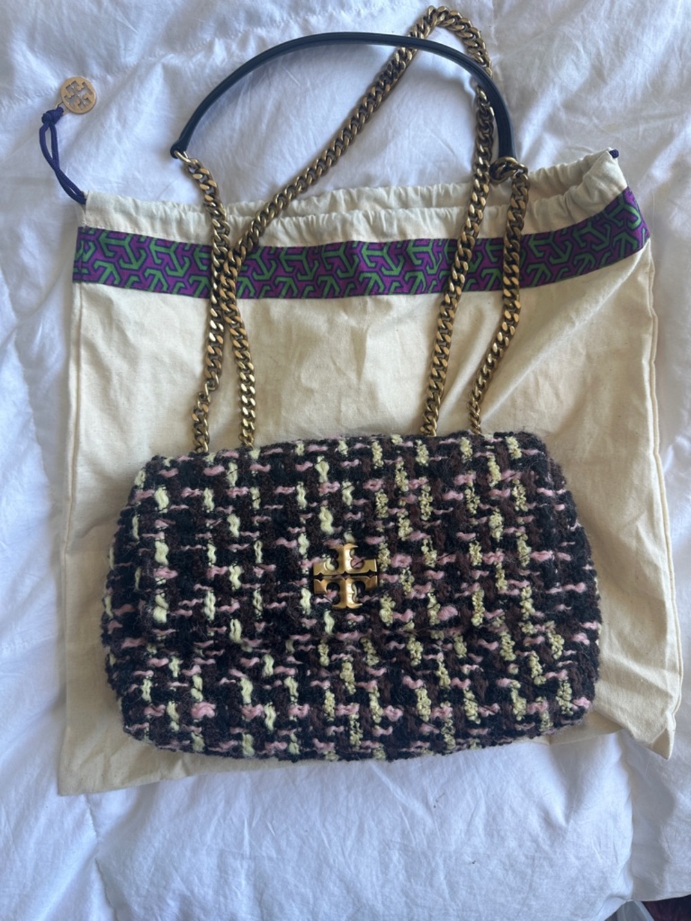 Tory Burch Black Tweed Chain Shoulder Bag with lavender and sage Accents